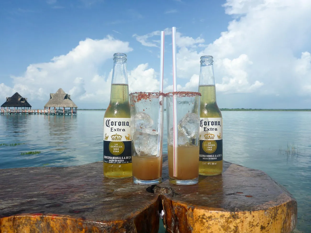 michelada with corona by lake