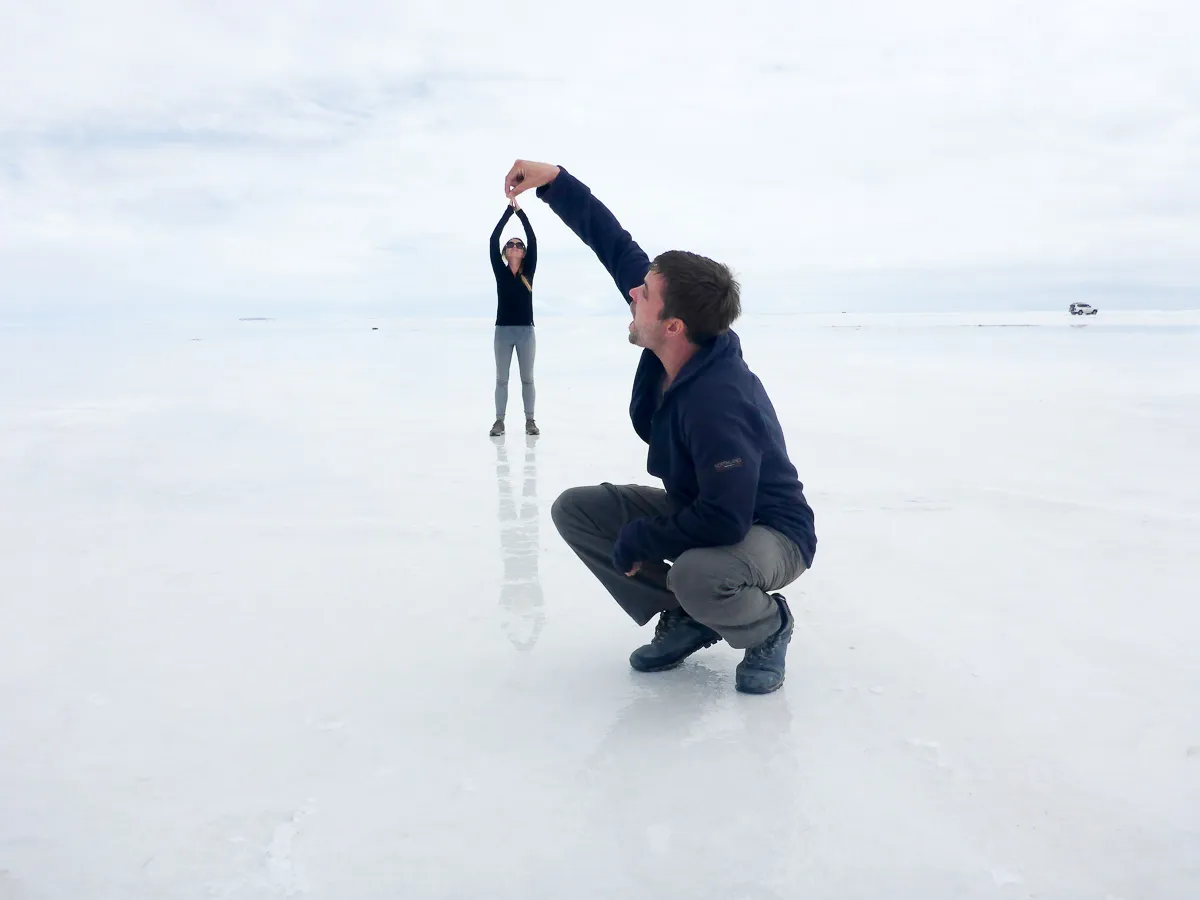 Karl eats Leanne at Salar De uyuni